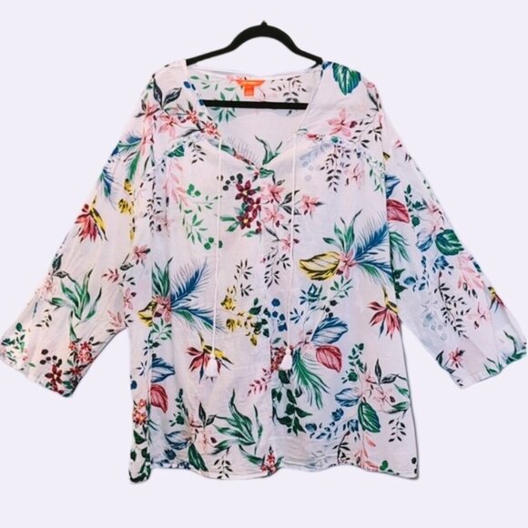3/$20 JOE FRESH Tropical Boho Blouse Plus Size Tassel Floral Sheer Summer Top - Picture 1 of 13